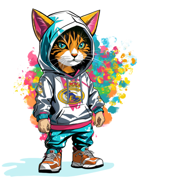 Cool cat in a hoodie with colorful splash background