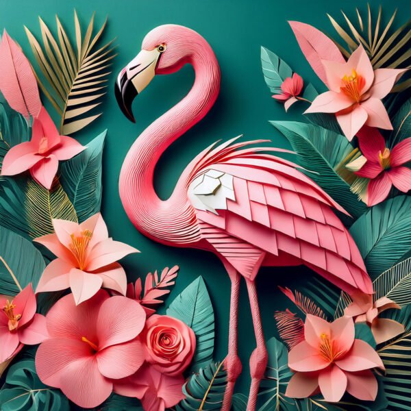 Origami Flamingo with Tropical Blooms