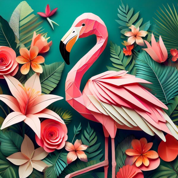 Origami Flamingo with Tropical Blooms - Image 3